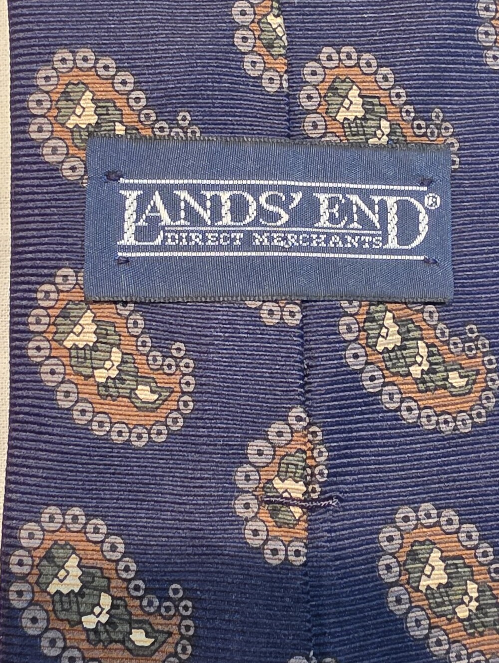 Lands' End Navy Silk Paisley Tie with Orange & Cream Accents